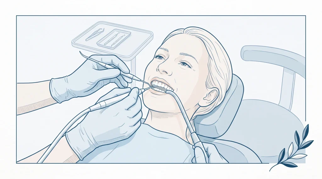 A dental professional cleans a patient’s teeth with a scaler during a check-up.