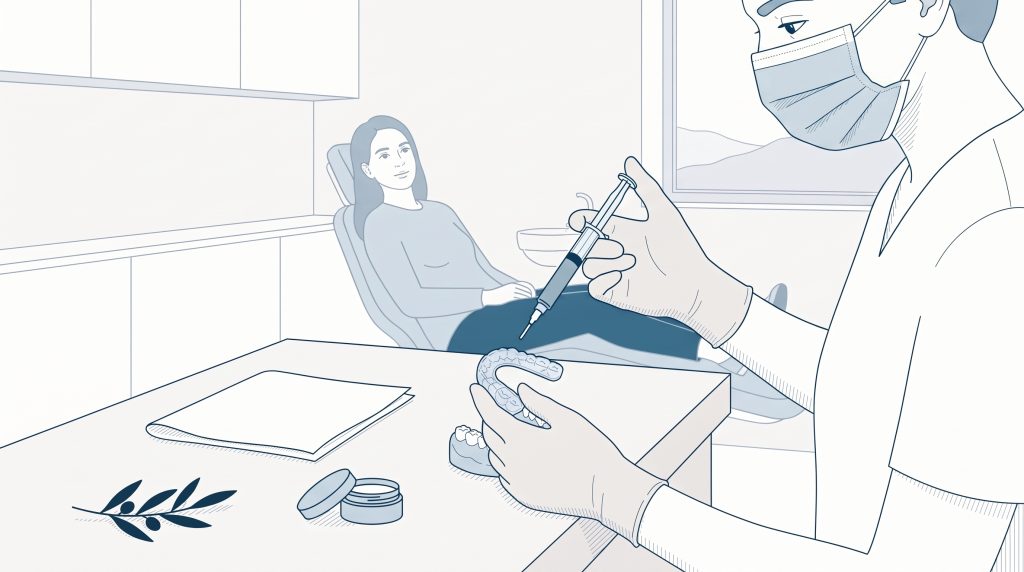 A dental professional holds a whitening syringe and clear tooth tray beside a relaxed patient in a dental chair, showing steps involved in teeth whitening treatment.