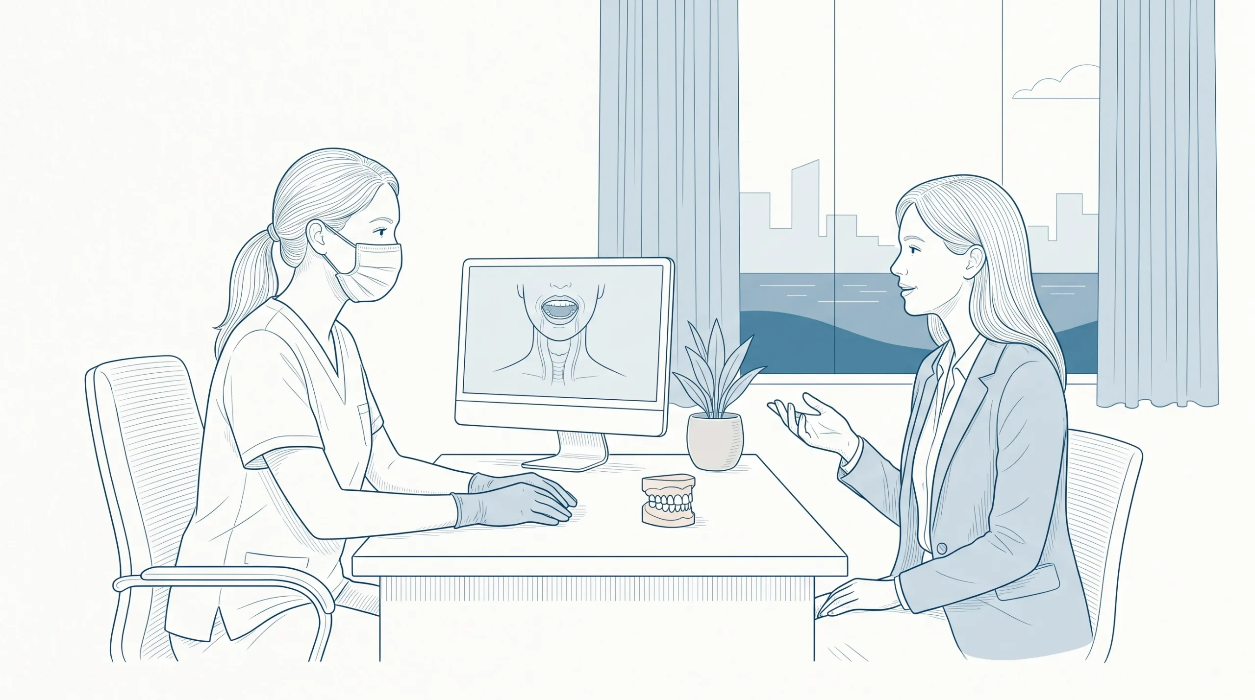 A dentist and adult patient talk calmly in a consultation room about oral health and overall health.