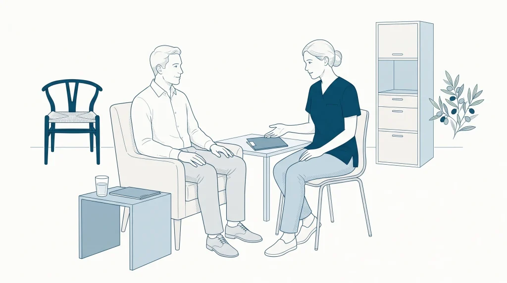 A dentist and patient discuss how oral health relates to overall health in a calm clinic consultation room.