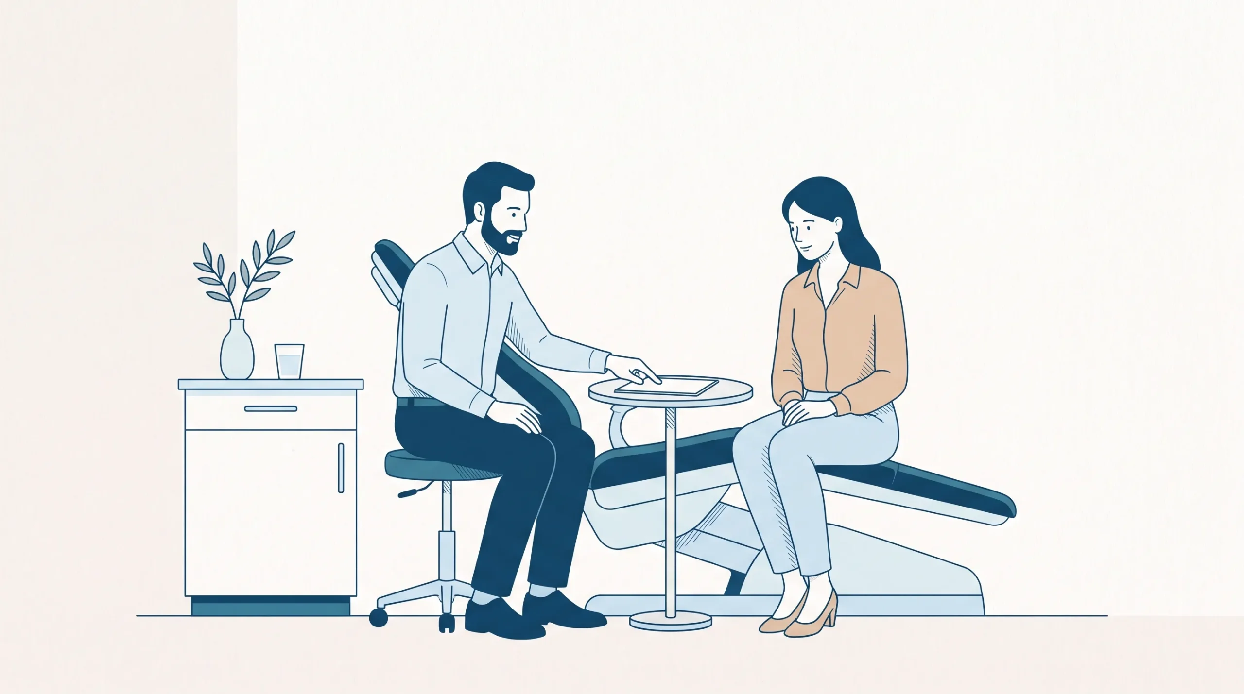A dentist and patient talk through next steps for dental problems in a calm clinic room.