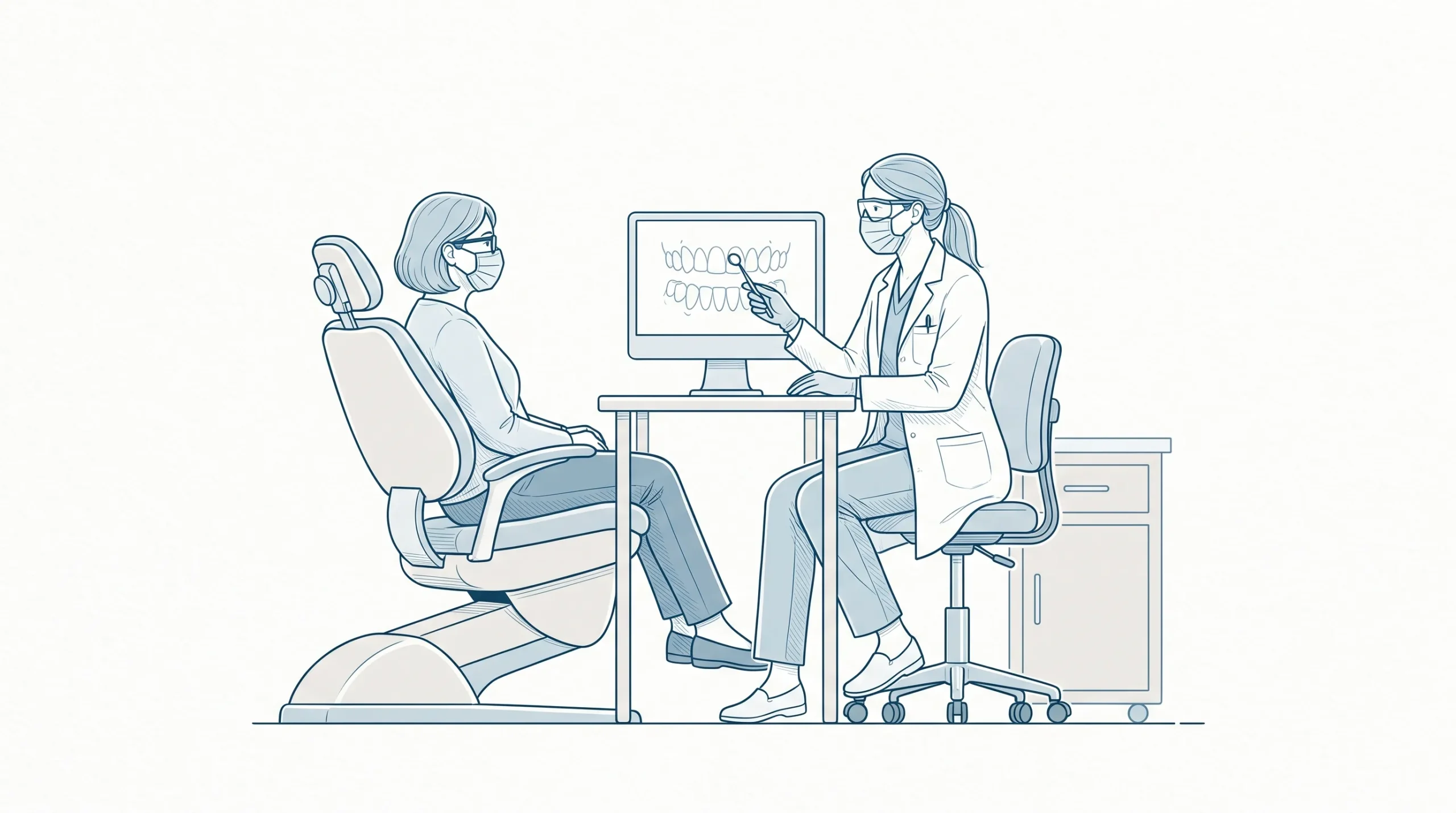 A dentist and seated adult patient discuss dental problems during a calm consultation.