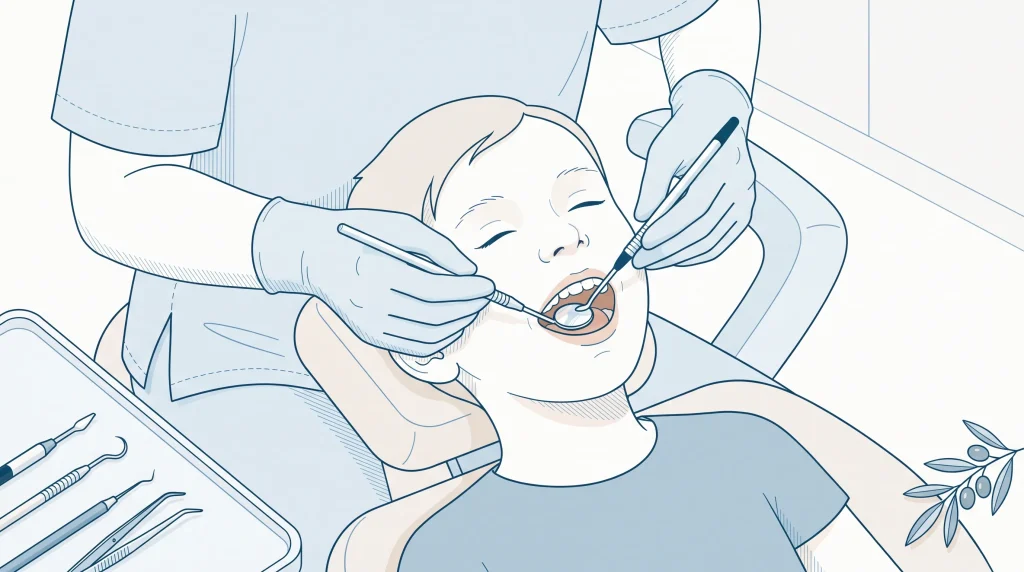 A dentist applies a fissure sealant during a child’s dental treatment in a quiet clinic room.