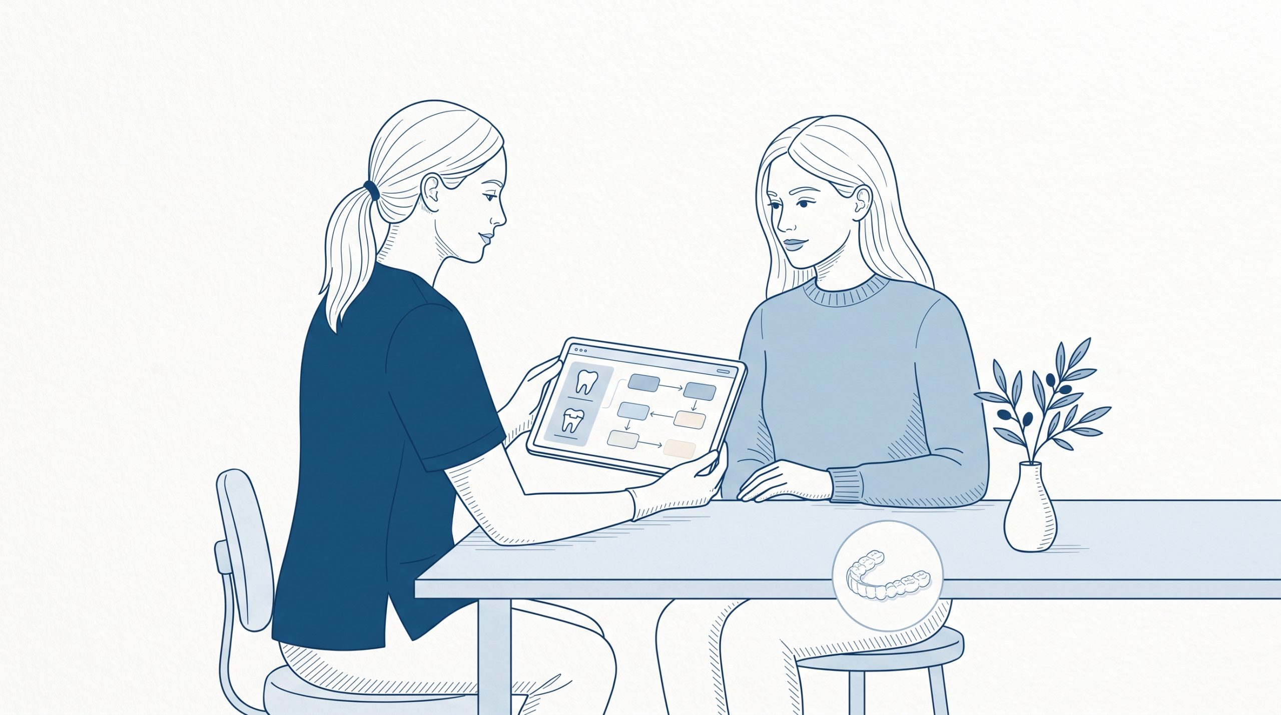 A dentist discusses treatment options with a patient, showing a dental plan on a tablet with tooth diagrams and a sequence of steps.