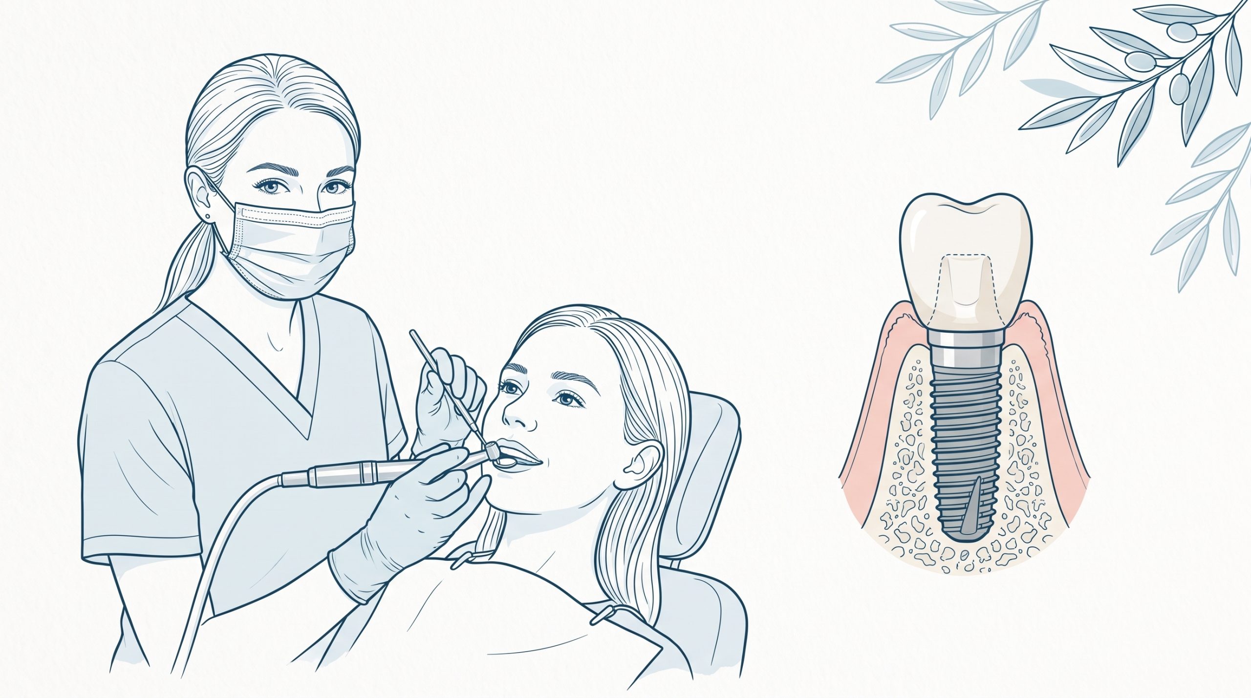 A dentist examines a reclining patient beside a cutaway tooth showing a crown, abutment and threaded implant seated in the gum and jawbone.