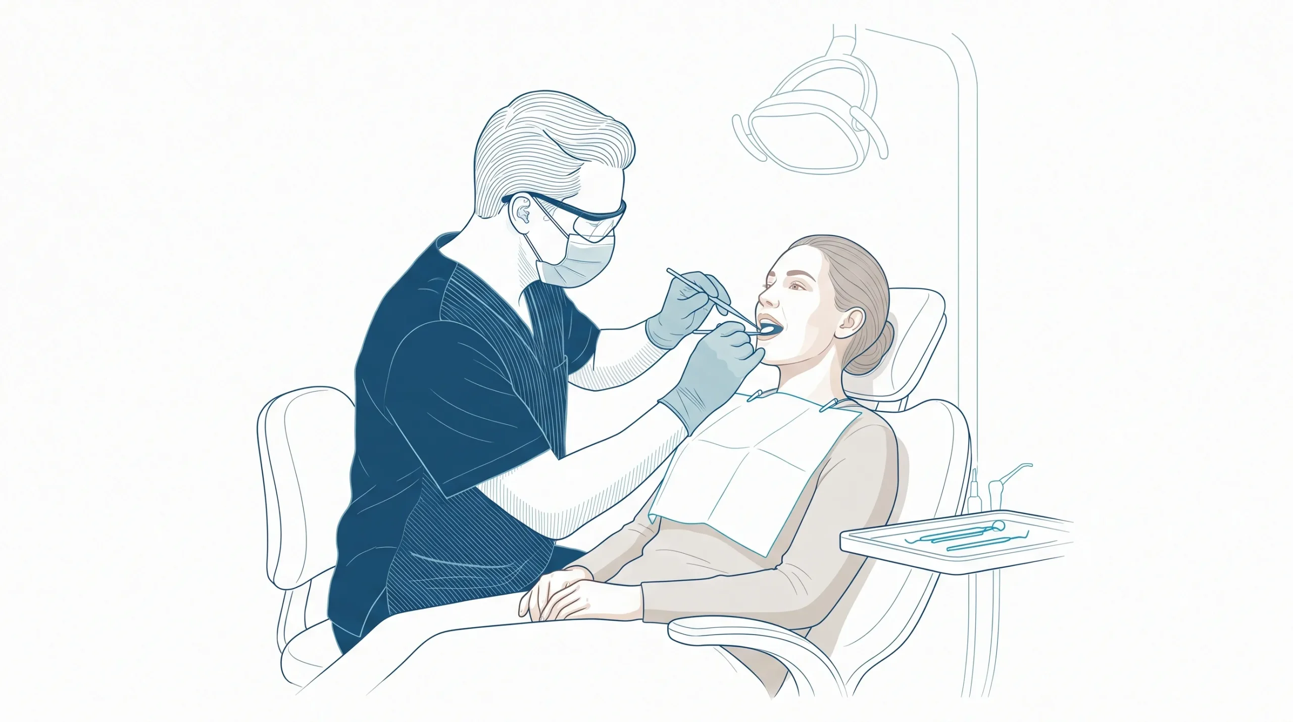 A dentist examines a seated adult patient’s mouth with a mirror and probe during a hygiene check-up.