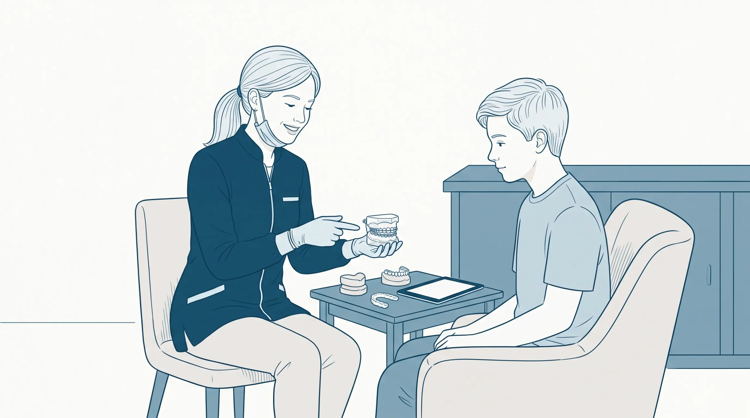 A dentist explains braces and clear aligners to a teenage patient during an orthodontic consultation.