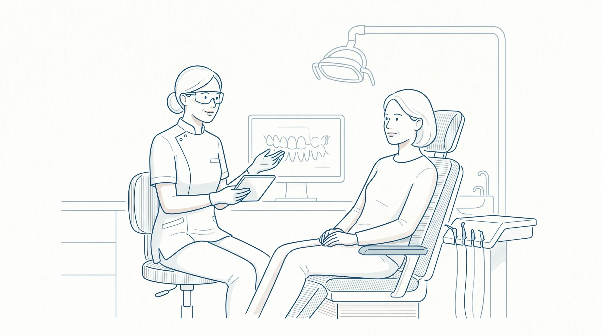 A dentist in a clean clinical tunic discusses teeth whitening with an adult patient seated upright in a dental chair, with both faces visible and a calm, unhurried consultation.