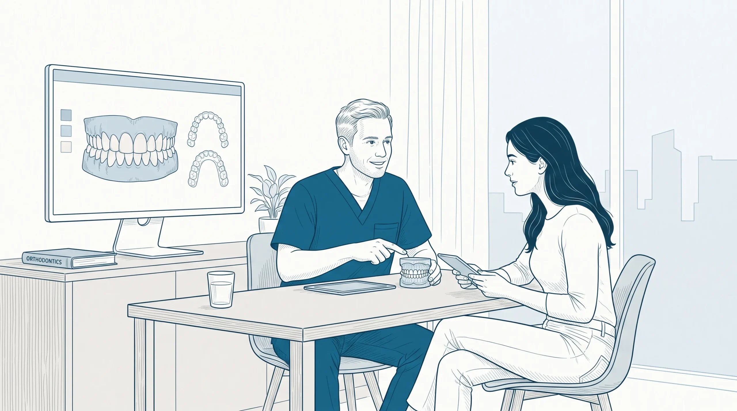 A dentist in clean scrubs discusses cosmetic dentistry and orthodontics with an adult patient in a consultation room.