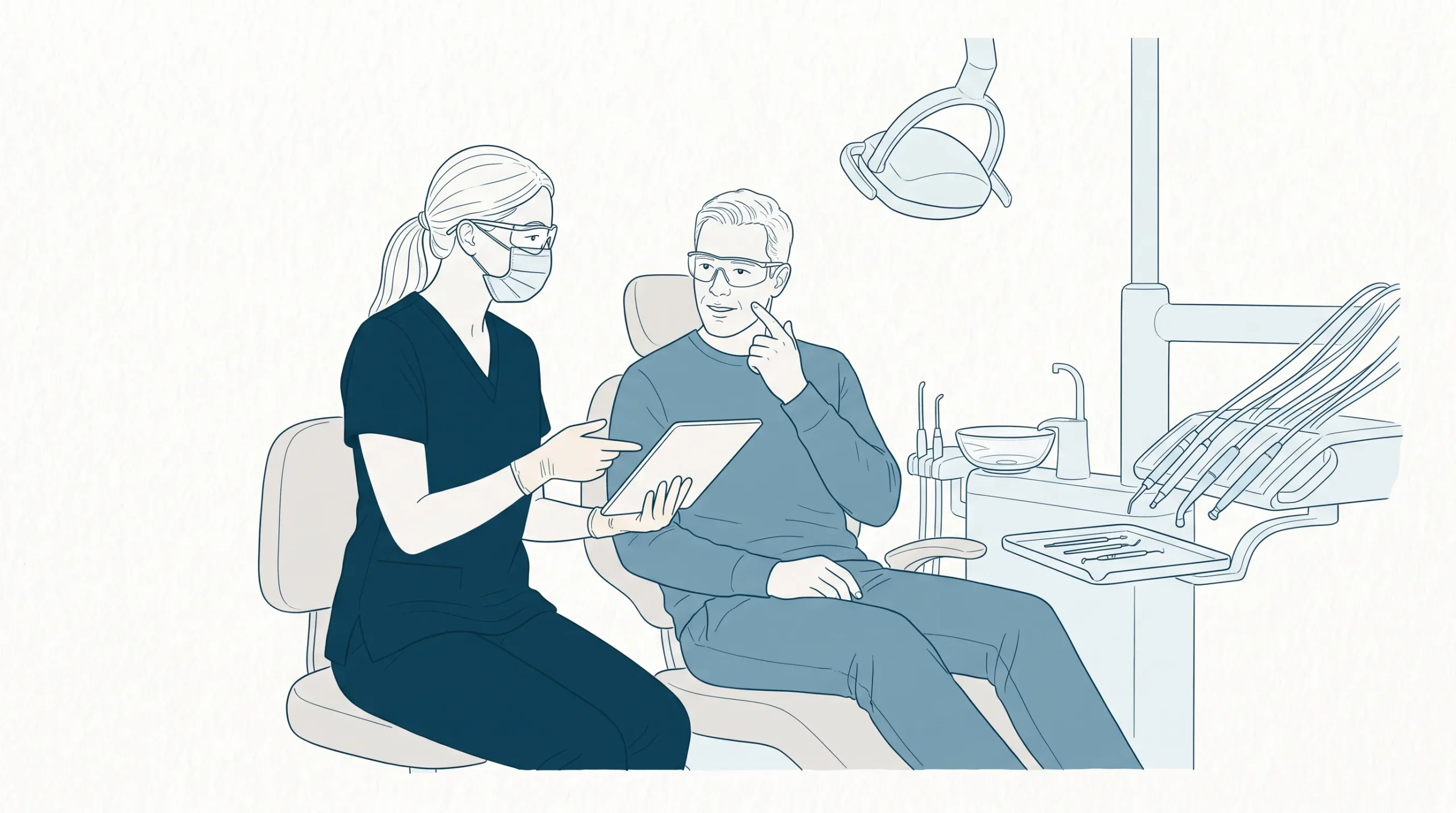 A dentist in clinical scrubs talks with an adult patient seated upright in a dental chair about urgent tooth pain or injury.