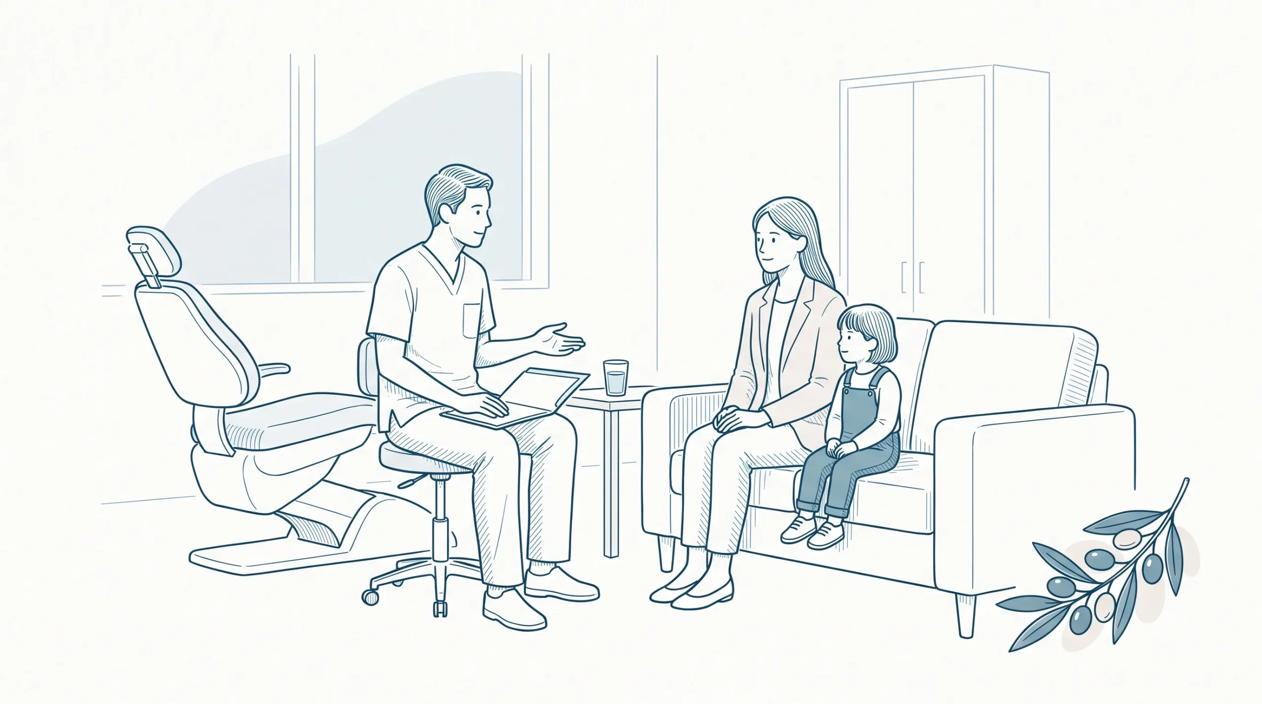 A parent and child talk with a dentist about care in a quiet consultation room.