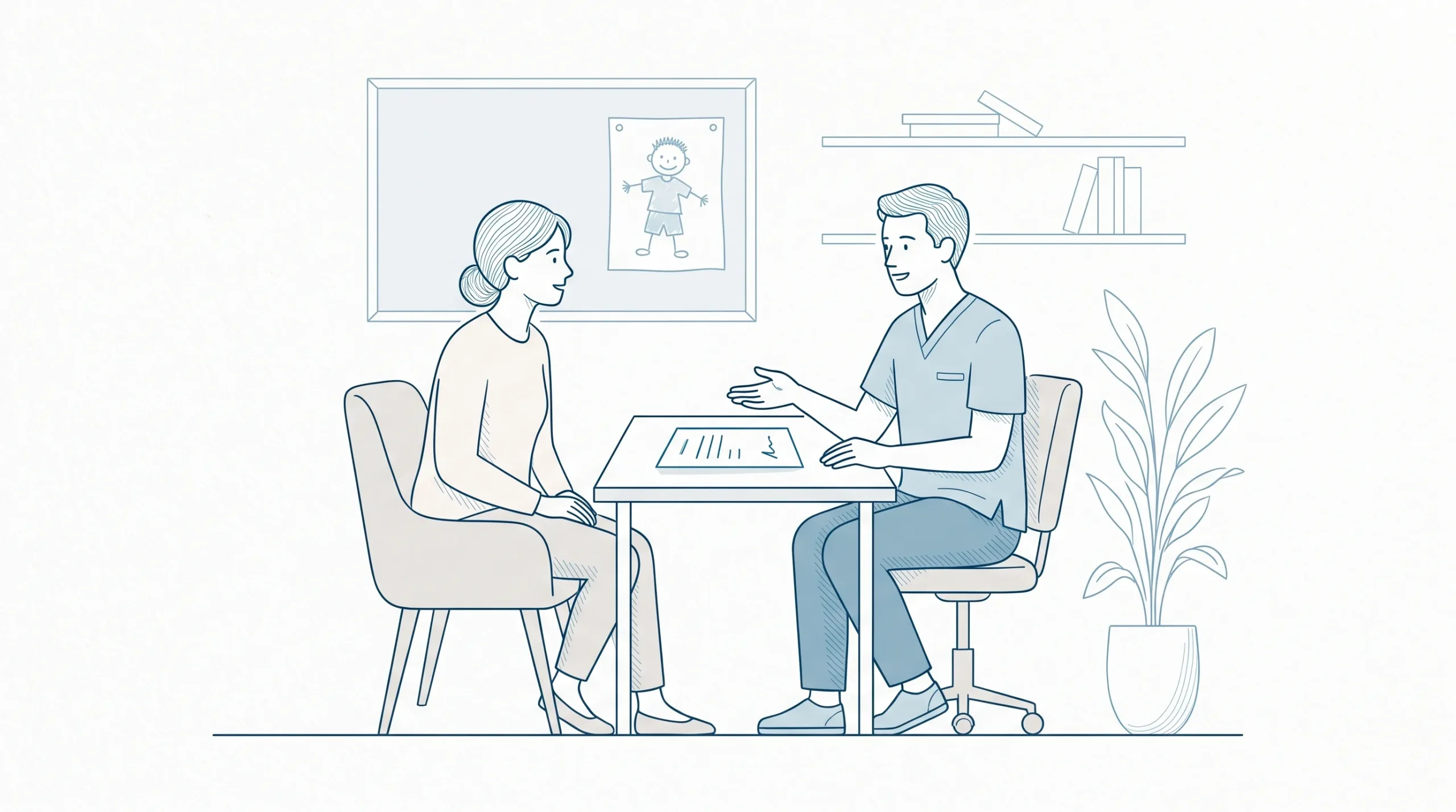 A parent and dentist talk face to face in a clinic room about dental services that may be covered for an eligible child, with the dentist in neat clinical scrubs.