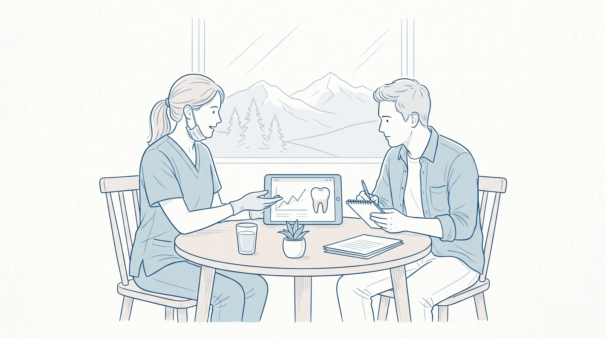 A patient and dentist discuss appointment questions at a calm consultation table in Mountain Creek.