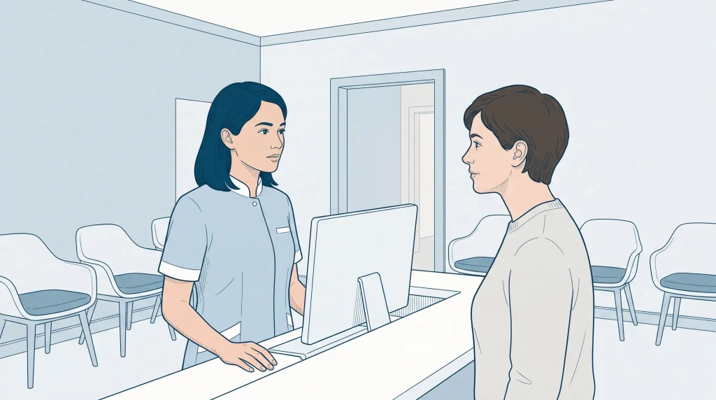 A patient speaks with clinic reception about whether an appointment is privately billed or covered through an eligible dental scheme.