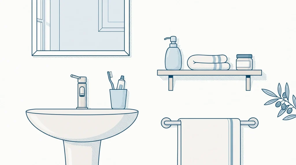 A tidy bathroom with a sink, mirror and toothbrush cup shows the setting for a simple oral care routine.