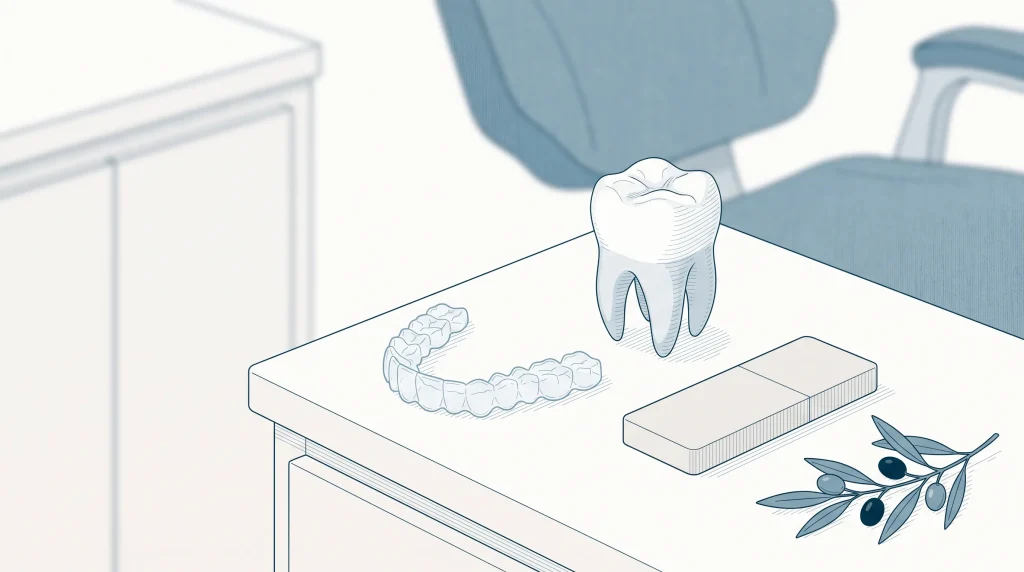 A tooth model, aligner tray and bonding sample sit together on a clinic counter for treatment planning.