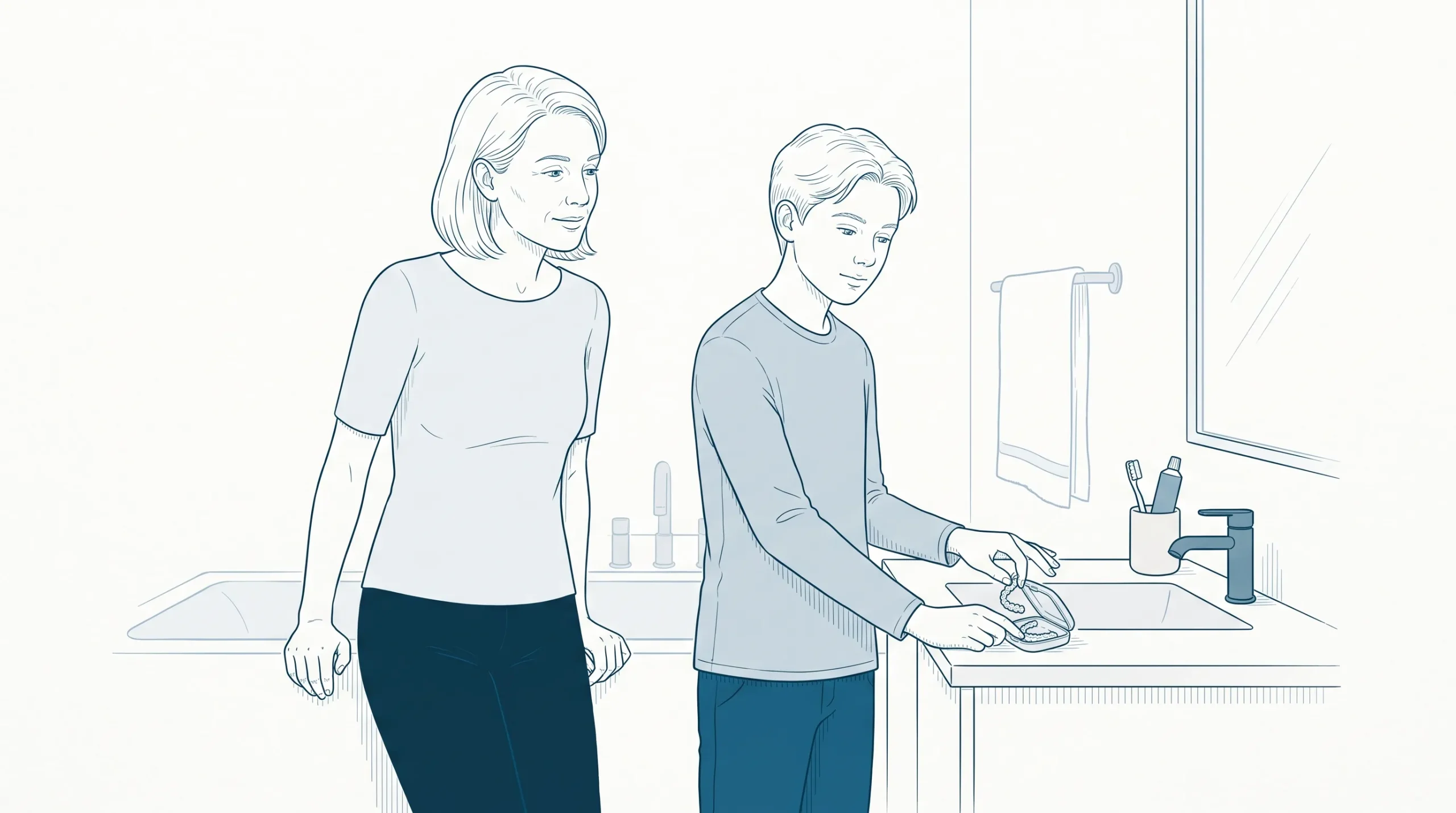 An adult and teenager handle a clear aligner case in a bathroom while discussing orthodontics.