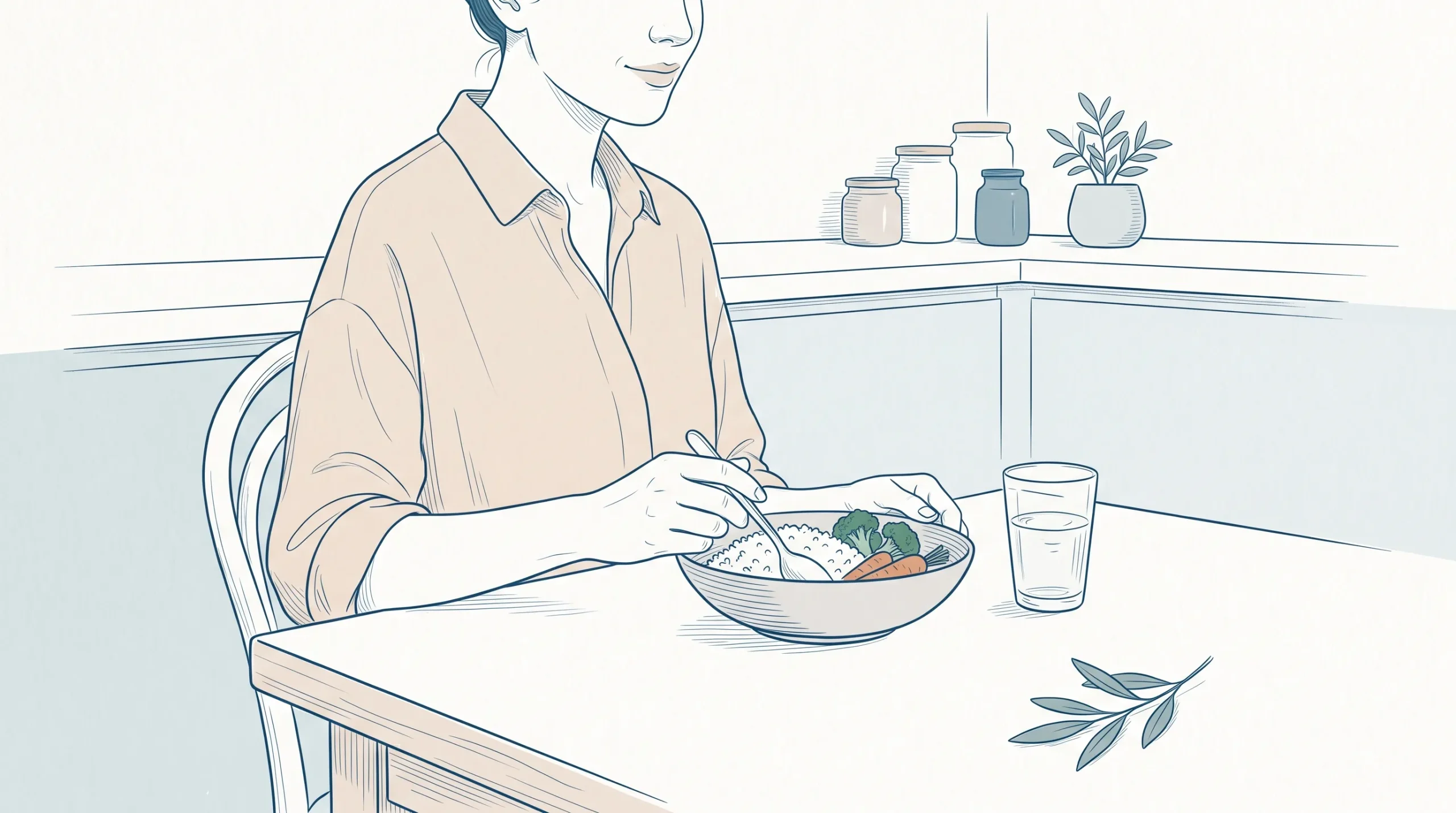 An adult at a kitchen table chooses rice, cooked vegetables and room-temperature water after Sunshine Coast teeth whitening.