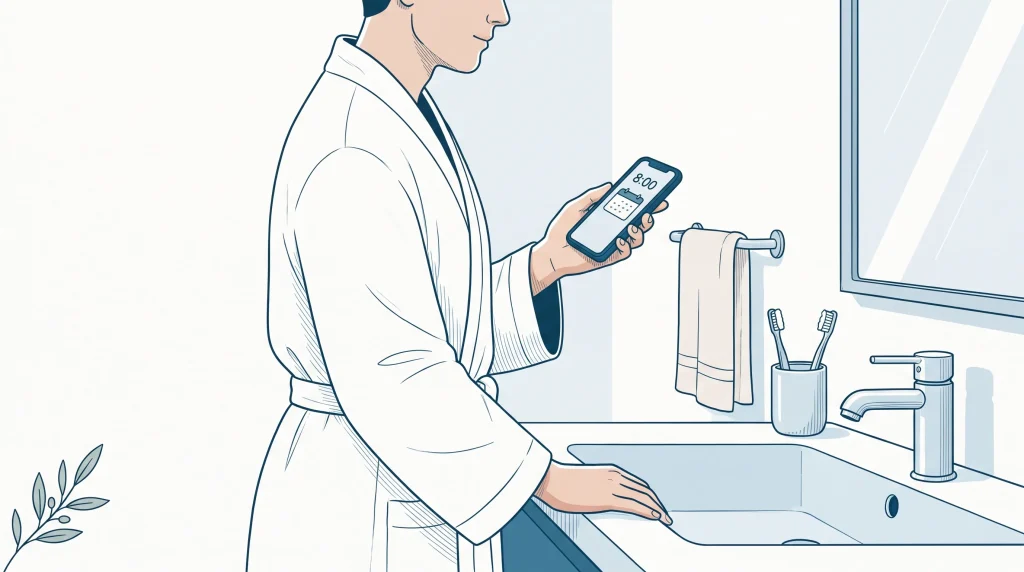 An adult checks a dental appointment time at home beside a bathroom sink and mirror.
