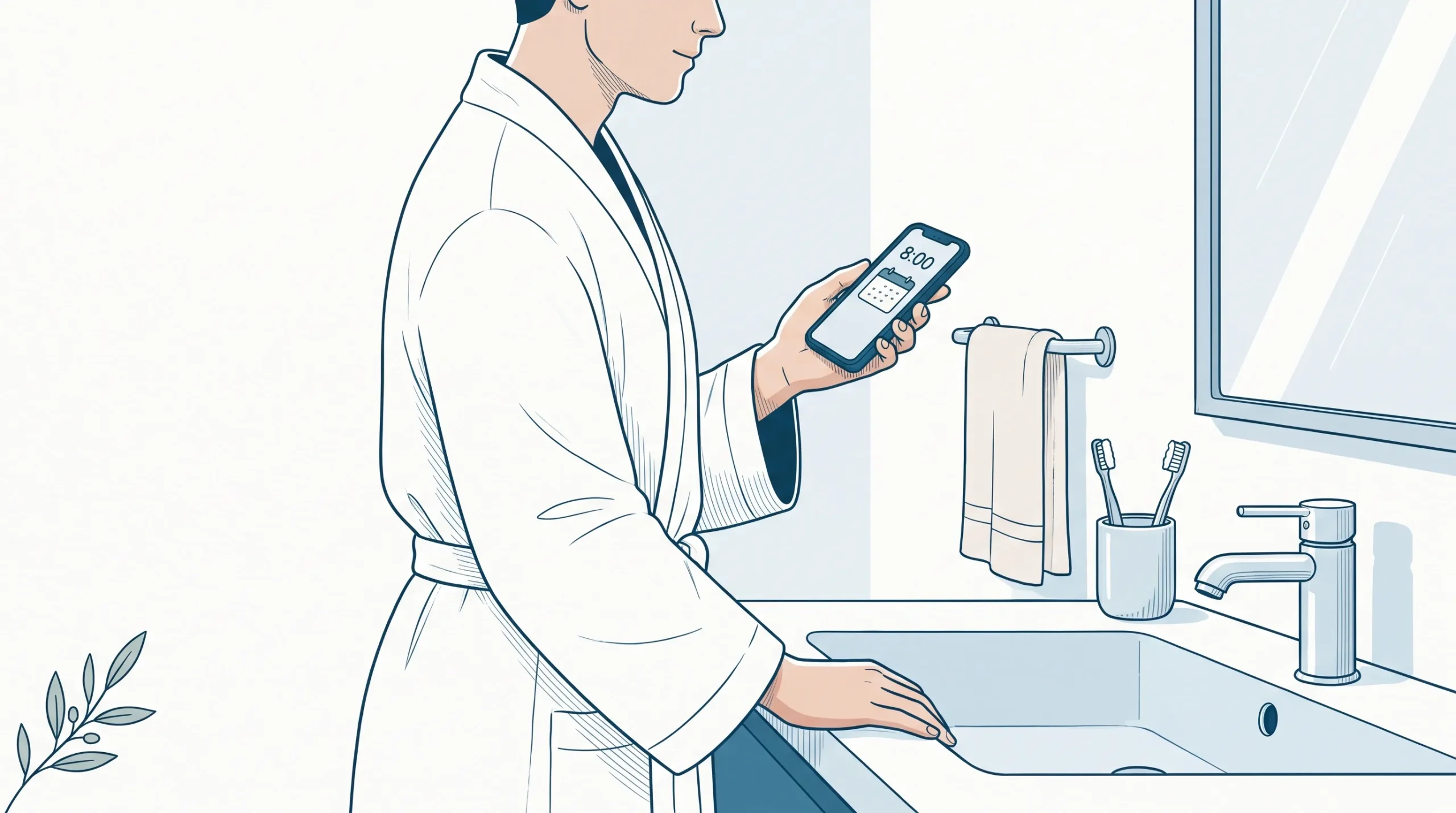 An adult checks a dental appointment time at home beside a bathroom sink and mirror.