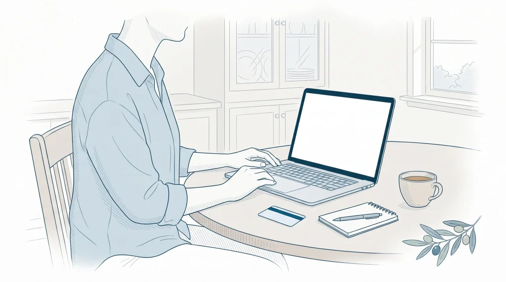 An adult checks a health fund card at a kitchen table before booking dental care.