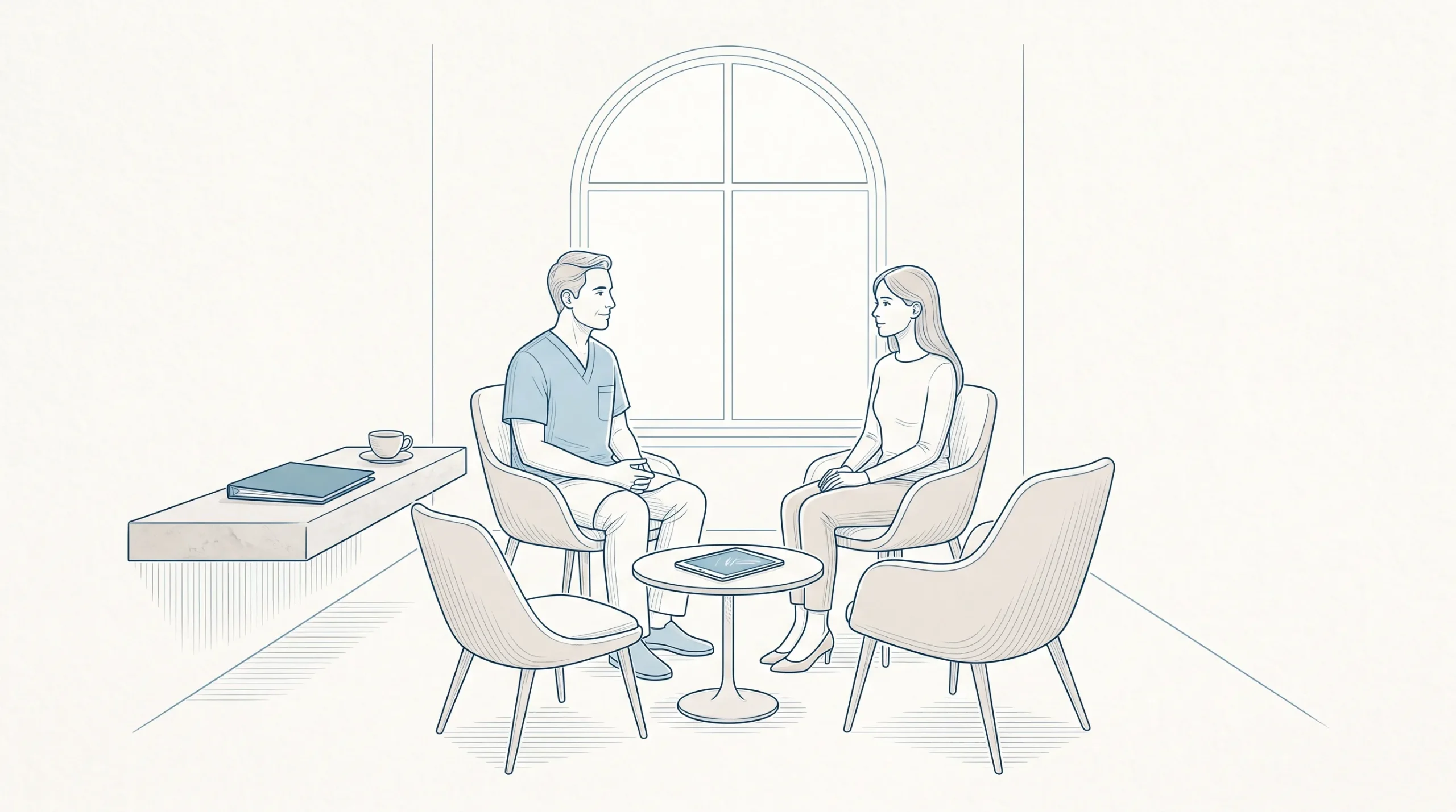 An adult dentist and patient sit facing one another in a clinic consultation room, discussing dental funding with a closed, unmarked folder on a side table.