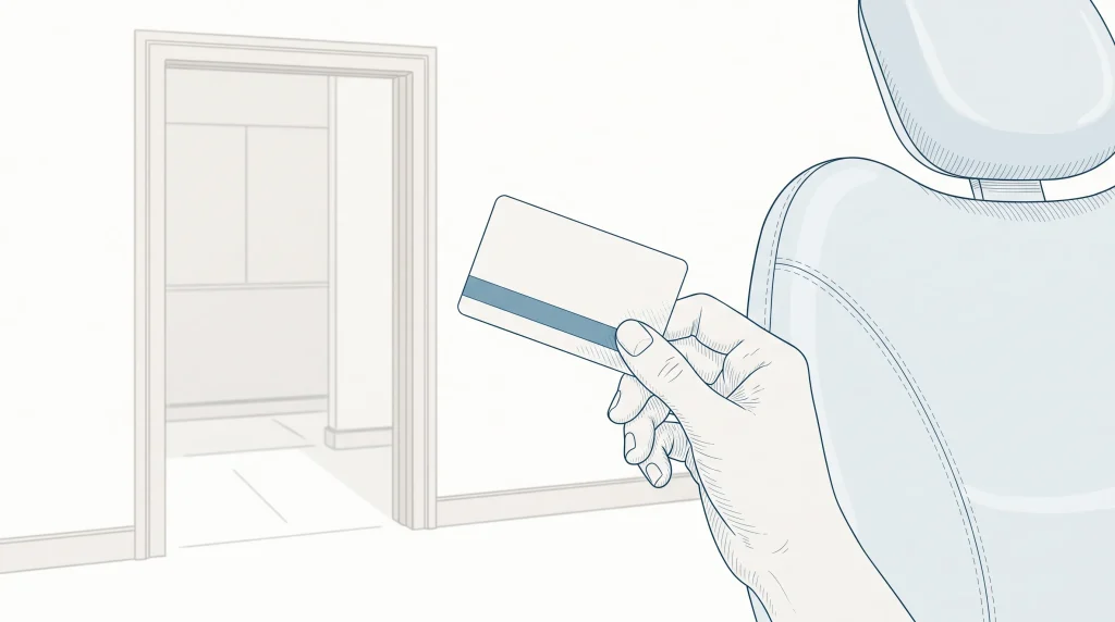 An adult holds a plain Medicare card beside a dental chair while considering the cost of adult dental care.