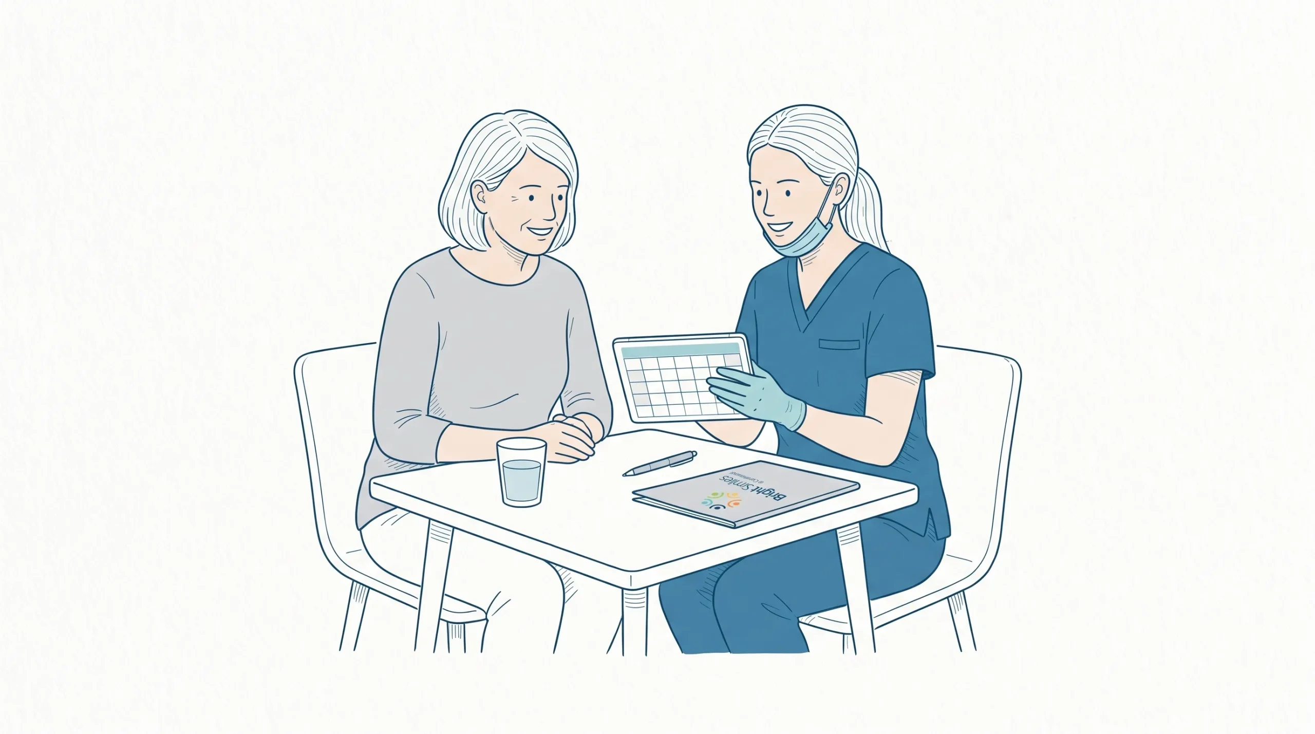 An adult patient and a dental professional in clean scrubs discuss a check-up booking across a small table at Bright Smiles Currimundi.