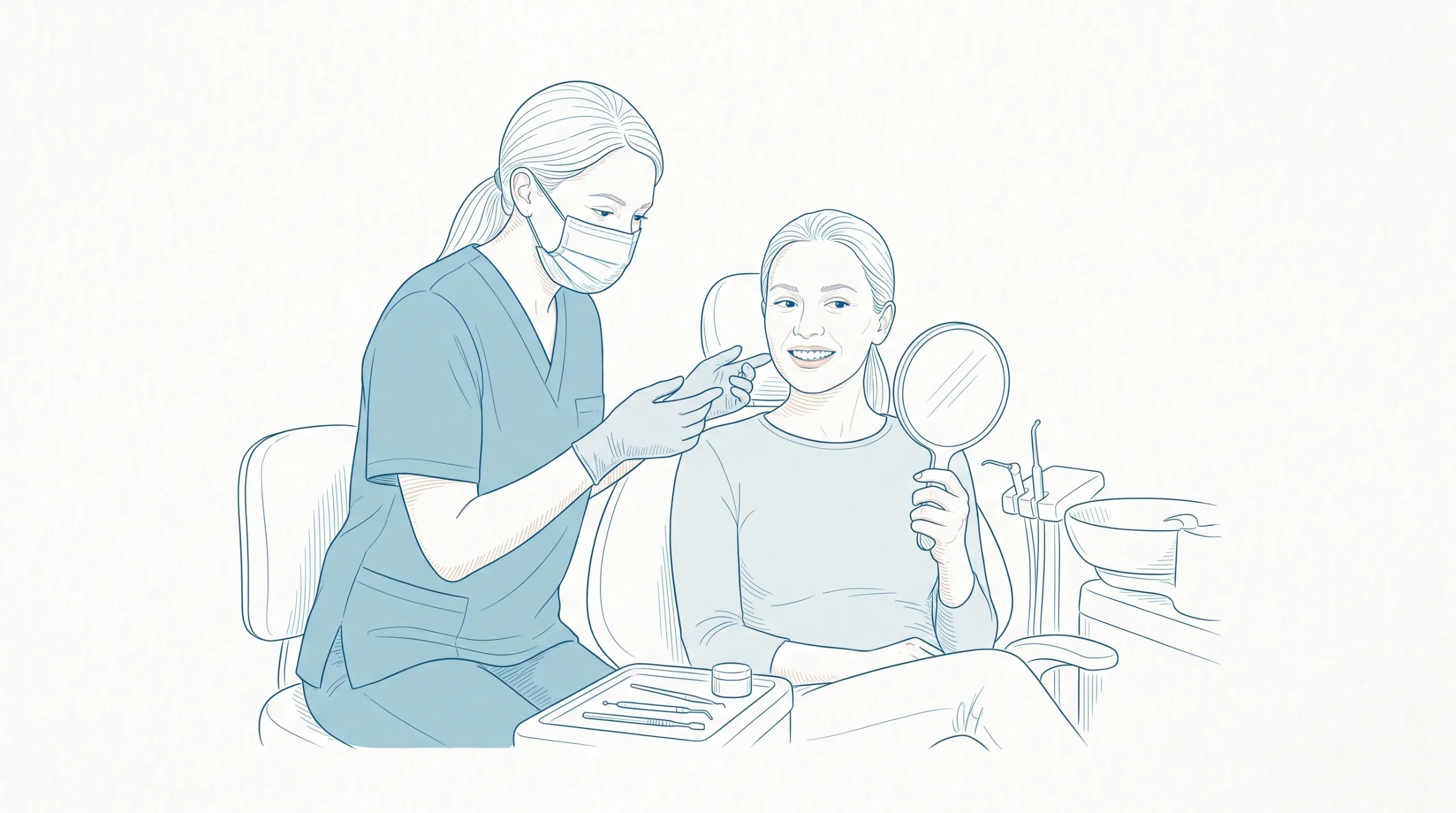 An adult patient and a dentist discuss whitening suitability in a clinic, with a small mirror and natural front teeth visible.