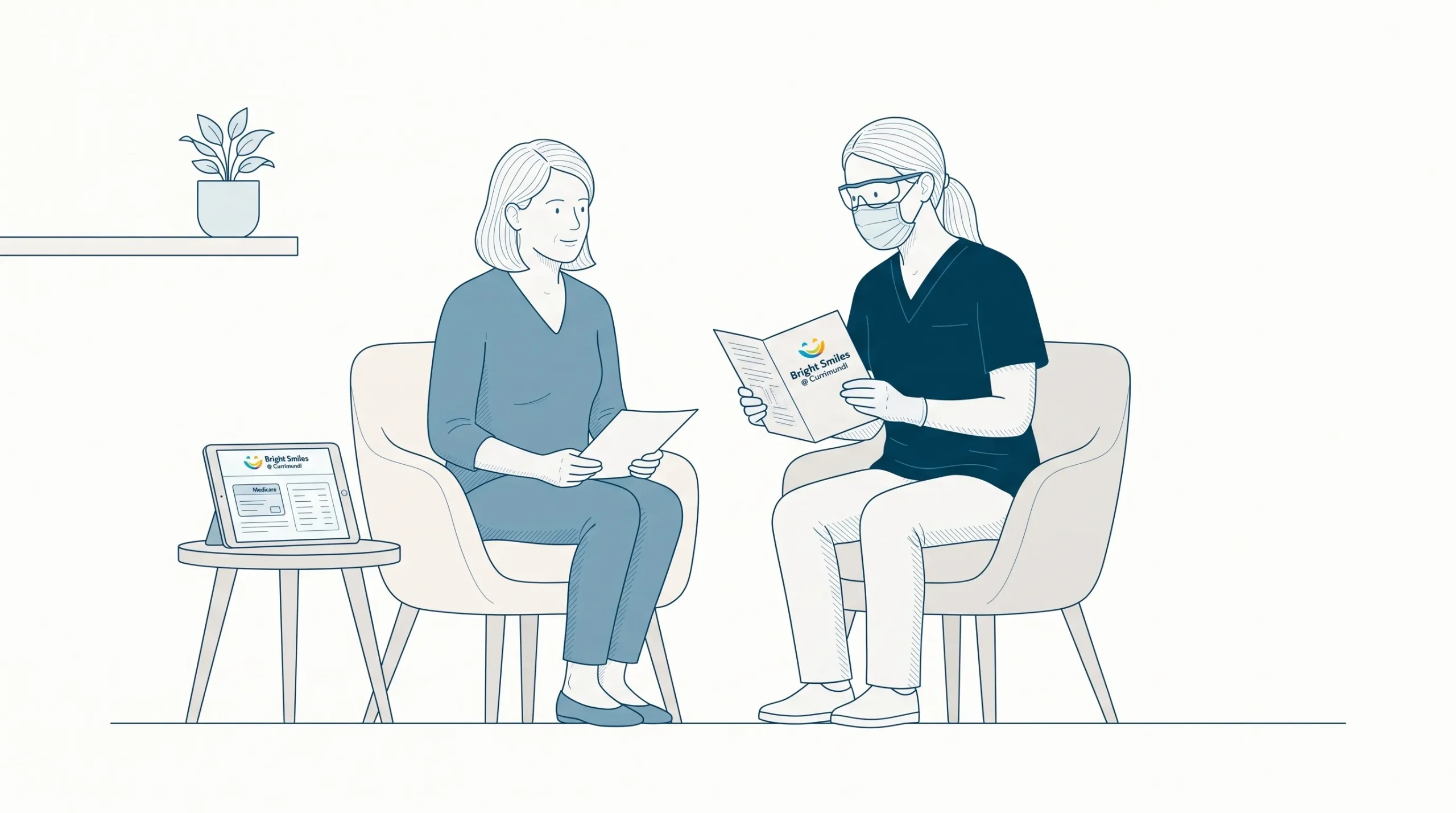 An adult patient and dentist discuss Medicare coverage and adult dental fees during a seated clinic consultation.