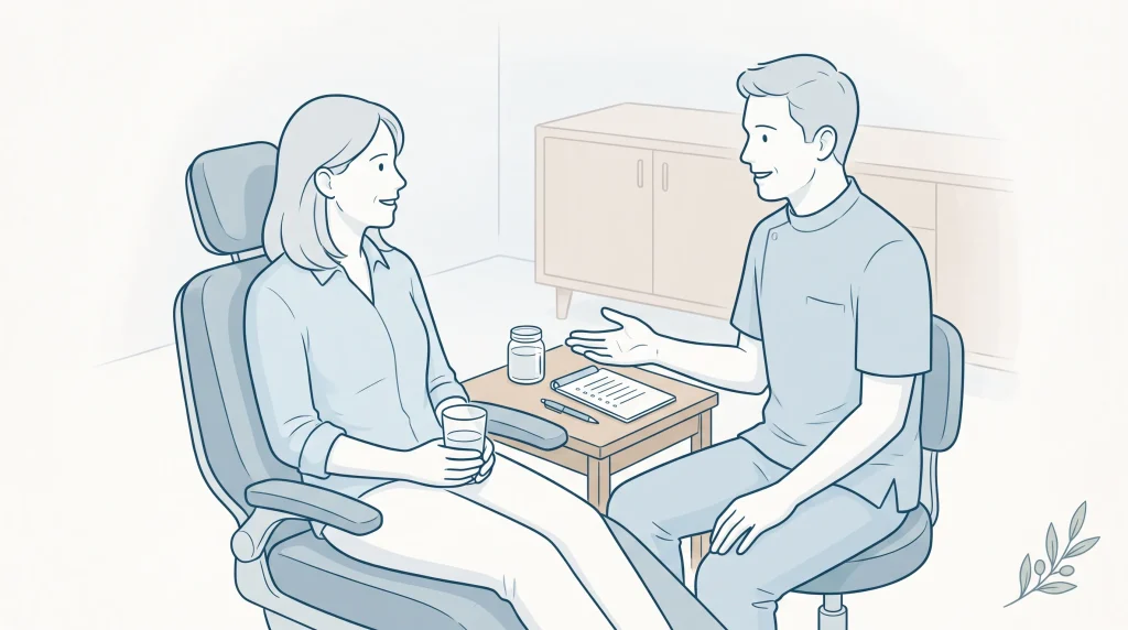 An adult patient and dentist talk in a clinic chair area about dry mouth symptoms and medicines.