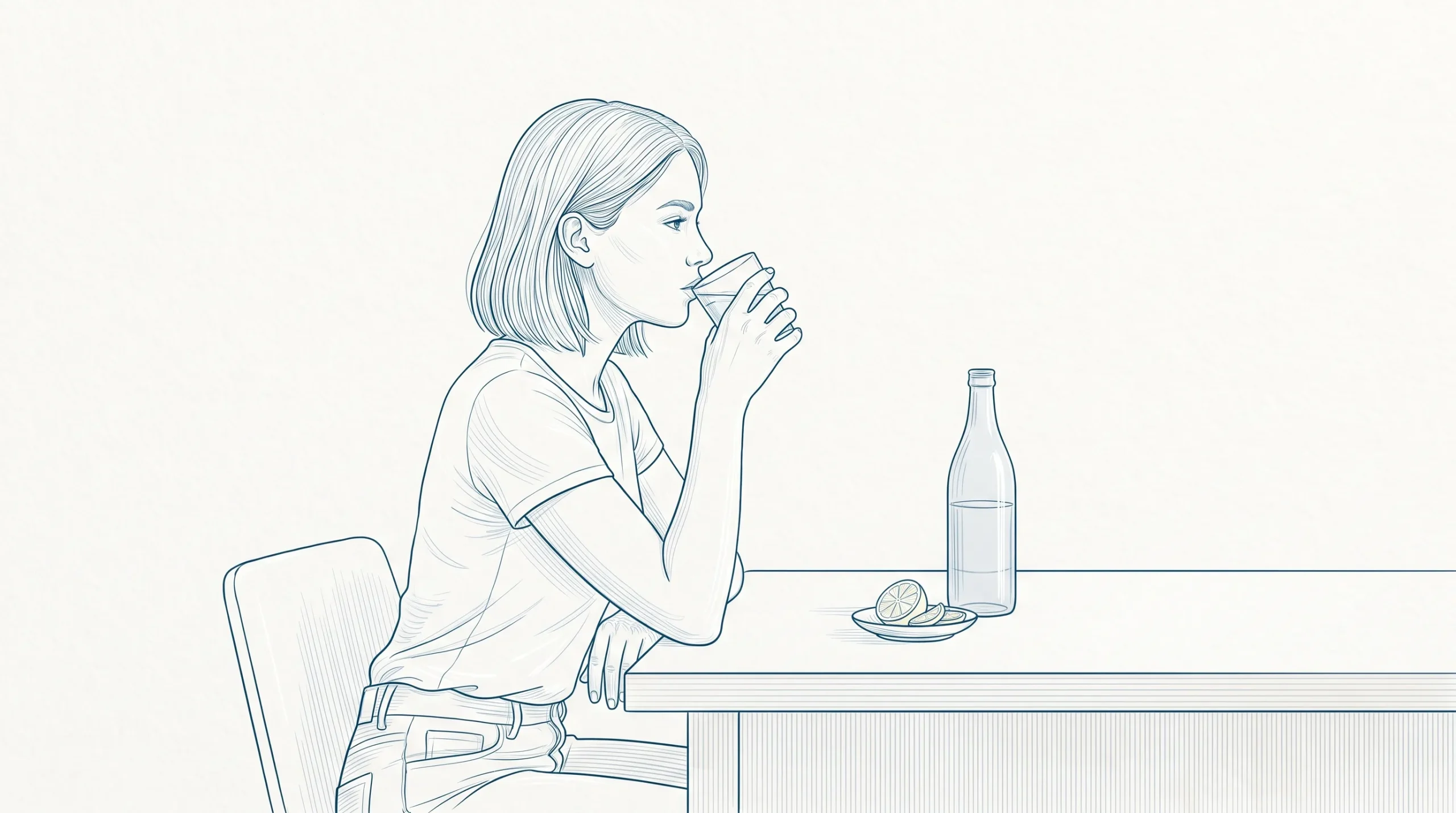 An adult with complete facial features takes a small sip of water at a kitchen table during a dry mouth care routine, with a single glass nearby.