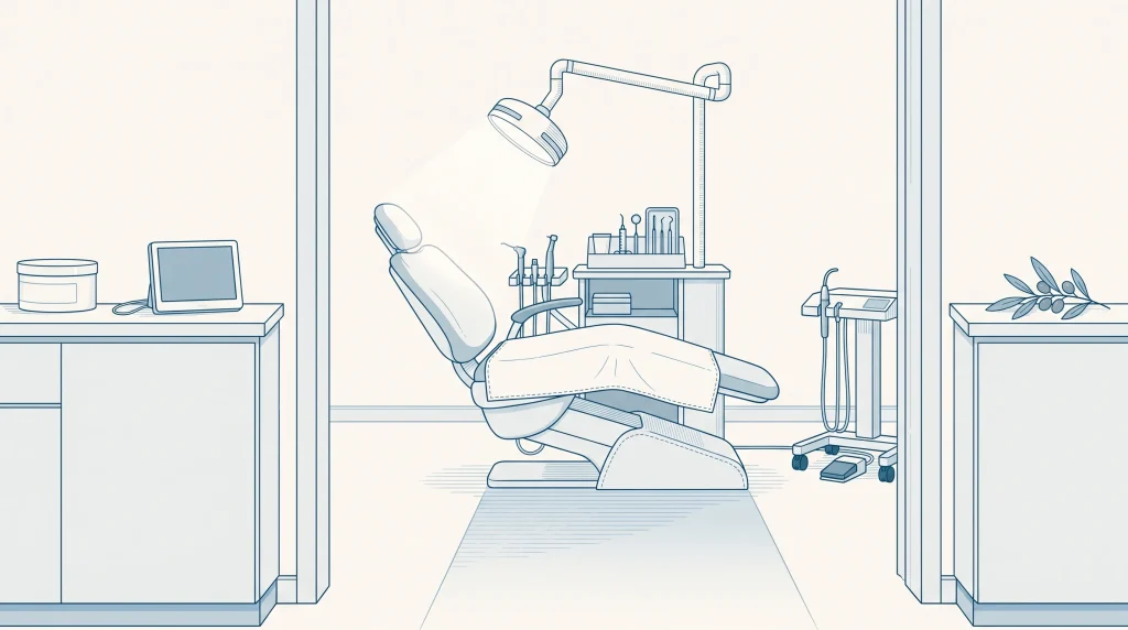 An empty dental treatment room is set up for assessing tooth pain or an injury, with a chair and examination light ready.
