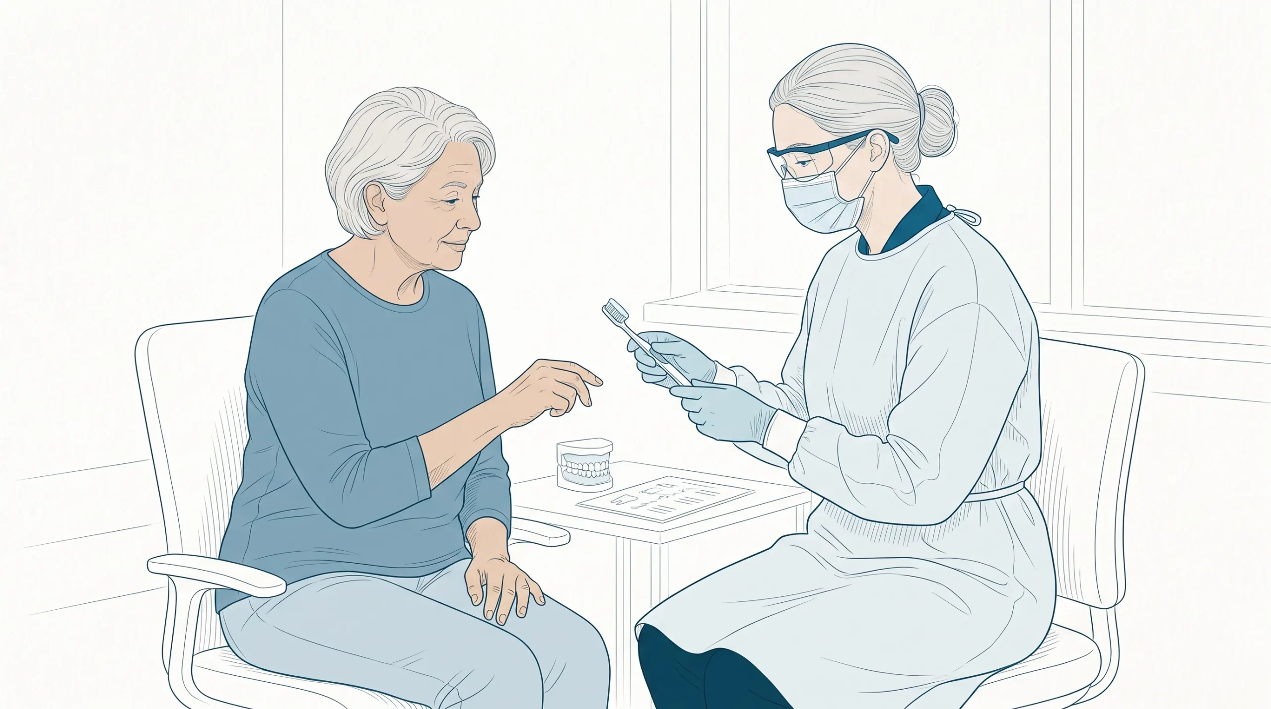 An older adult and a dentist discuss brushing habits during a calm seated consultation, with the dentist showing how to hold a soft toothbrush.