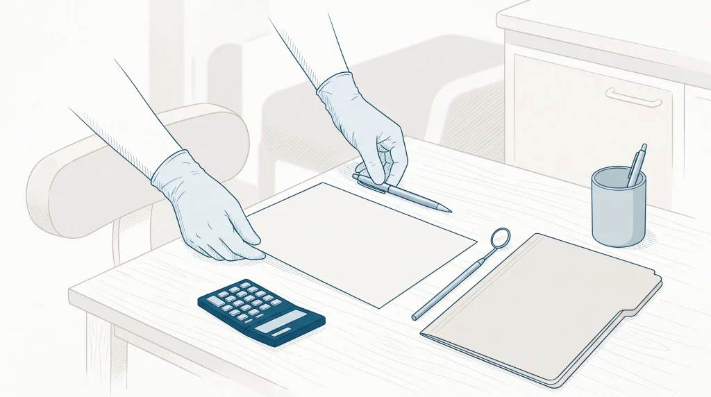 Gloved hands arrange a blank treatment plan sheet and desk items during a dental consultation.