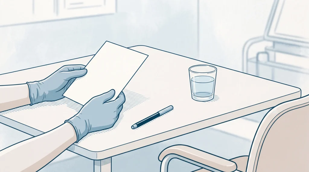 Gloved hands hold a treatment note beside a dental consultation table.