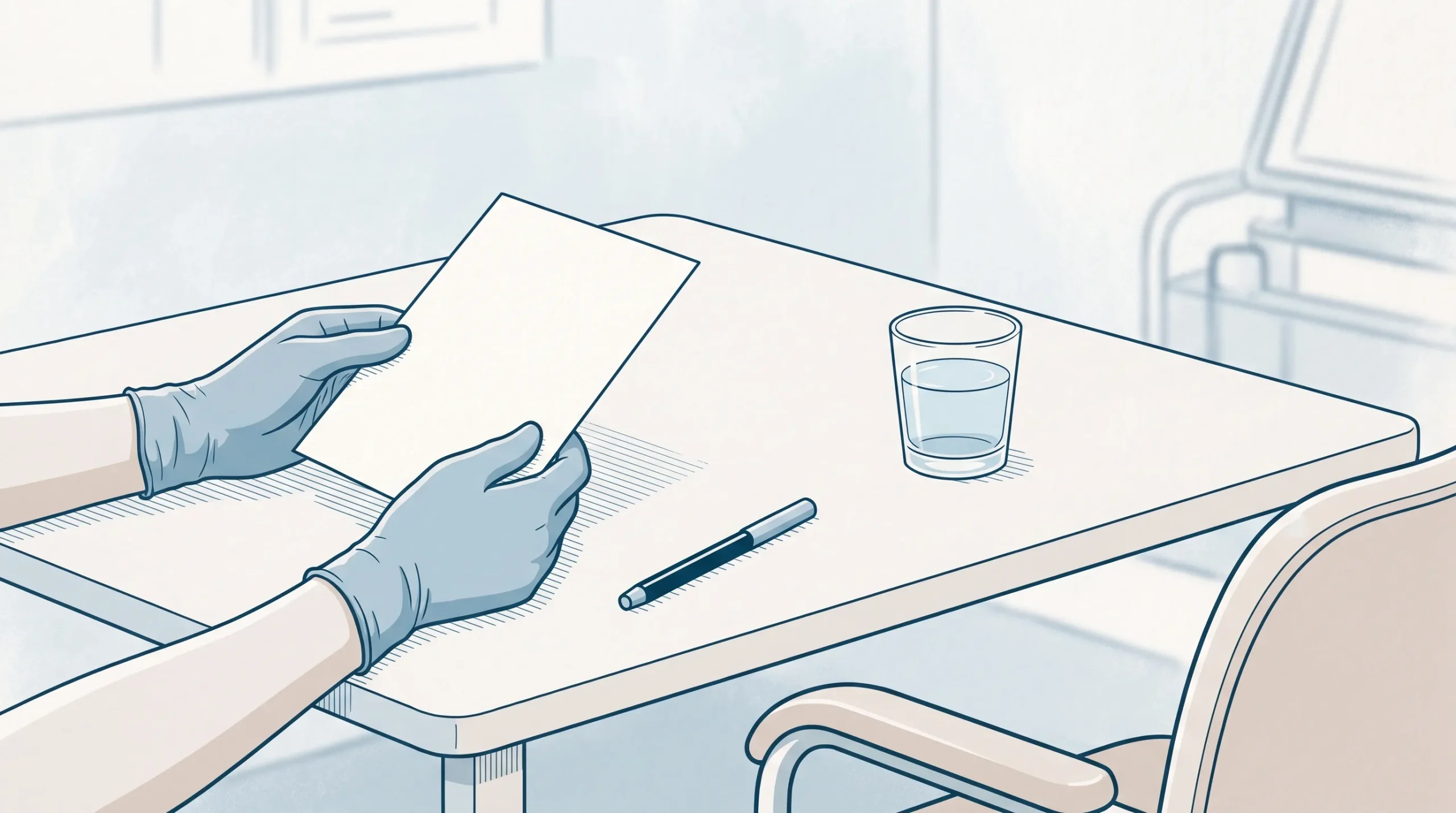 Gloved hands hold a treatment note beside a dental consultation table.